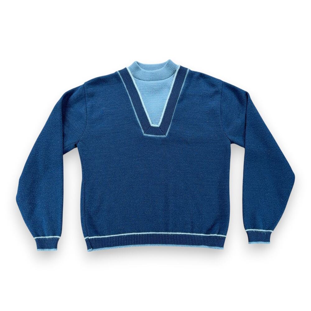 Vintage Sweater Adult MEDIUM Blue Two Tone V Neck Mod Orlon Acrylic Knit USA 60s